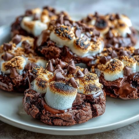Gooey smores brownie cookies with melted chocolate, crushed graham crackers, and toasted marshmallow topping.  