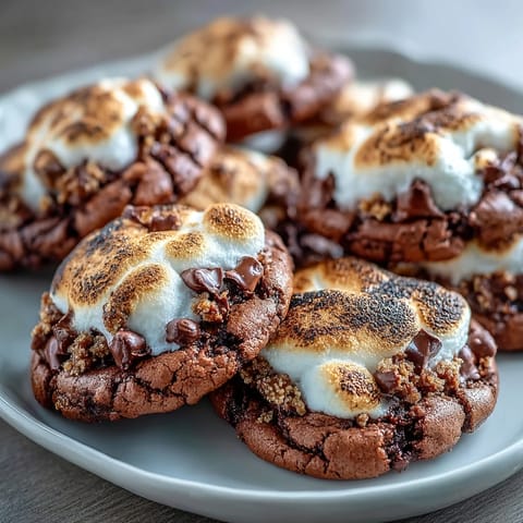 Chewy brownie cookies packed with chocolate chips and graham cracker bits, crowned with golden toasted marshmallow.  