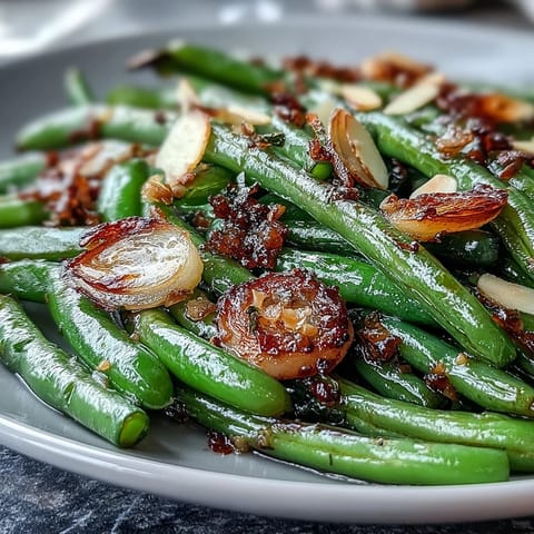 Roasted garlic green beans with tender texture and golden garlic slices for a savory side dish.