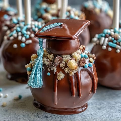 Festive graduation cake pops in school colors, decorated with sprinkles and chocolate drizzle.  
