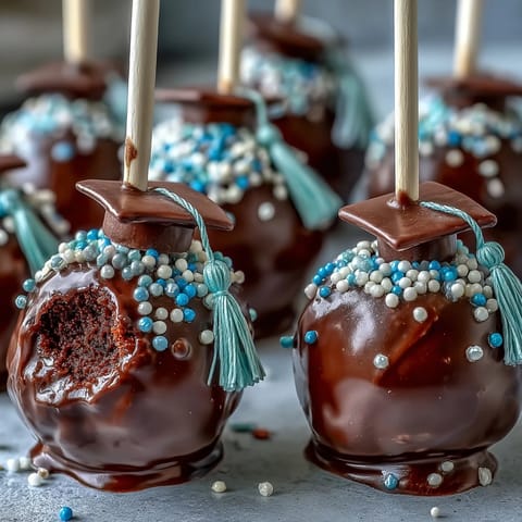 Delicious graduation cake pops, coated in vibrant chocolate and topped with edible glitter.  