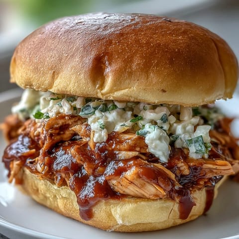 Pulled BBQ chicken sandwiches piled high on soft brioche buns with tangy coleslaw. Slow-cooked chicken in smoky barbecue sauce makes the perfect summer meal.