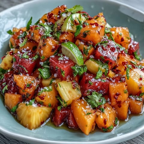 A vibrant mix of ripe mango, pineapple, and watermelon with zesty lime and chili seasoning in colorful fruit cups.