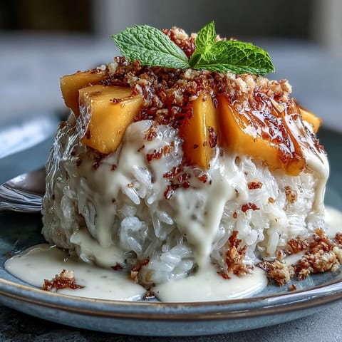 Creamy coconut sticky rice topped with ripe mango slices in individual dessert cups, garnished with toasted sesame seeds for a modern Thai-inspired treat.