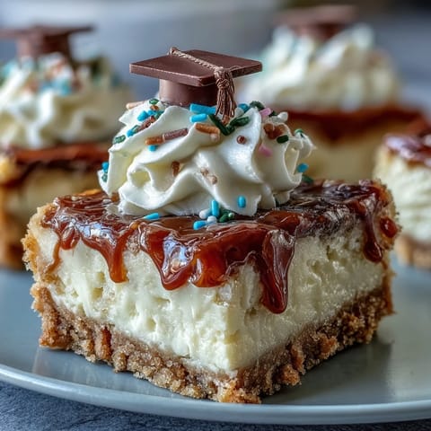 Easy Graduation Cheesecake Bites arranged on a festive platter, each topped with whipped cream and colorful sprinkles, ready for a celebration.