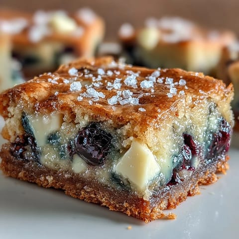 White Chocolate Lemon Blueberry Blondies with golden edges and juicy blueberries, perfect for spring dessert spreads.