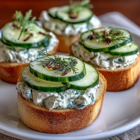 Elegant Derby Day Benedictine Cucumber Canapés with creamy spread, fresh dill, and crisp cucumber slices on toasted baguette rounds.