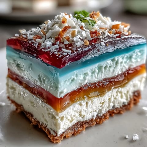 Vibrant Agar-Agar Rainbow Jelly Cake with creamy coconut topping, bright and festive.
