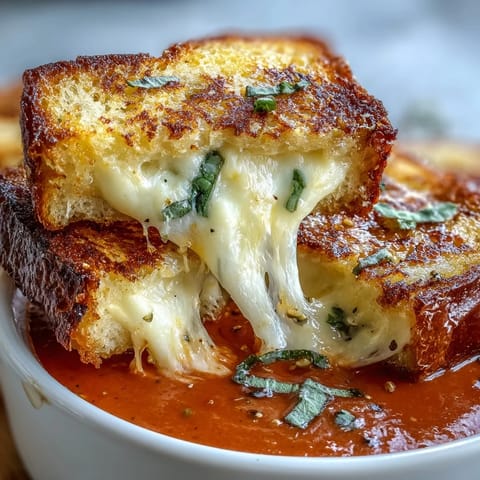 Close-up of crispy mini grilled cheese dippers ready to dunk in steaming tomato soup.