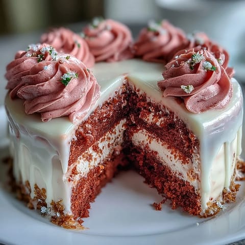A delightful pink rosé velvet cake, perfectly frosted and ready for celebration.