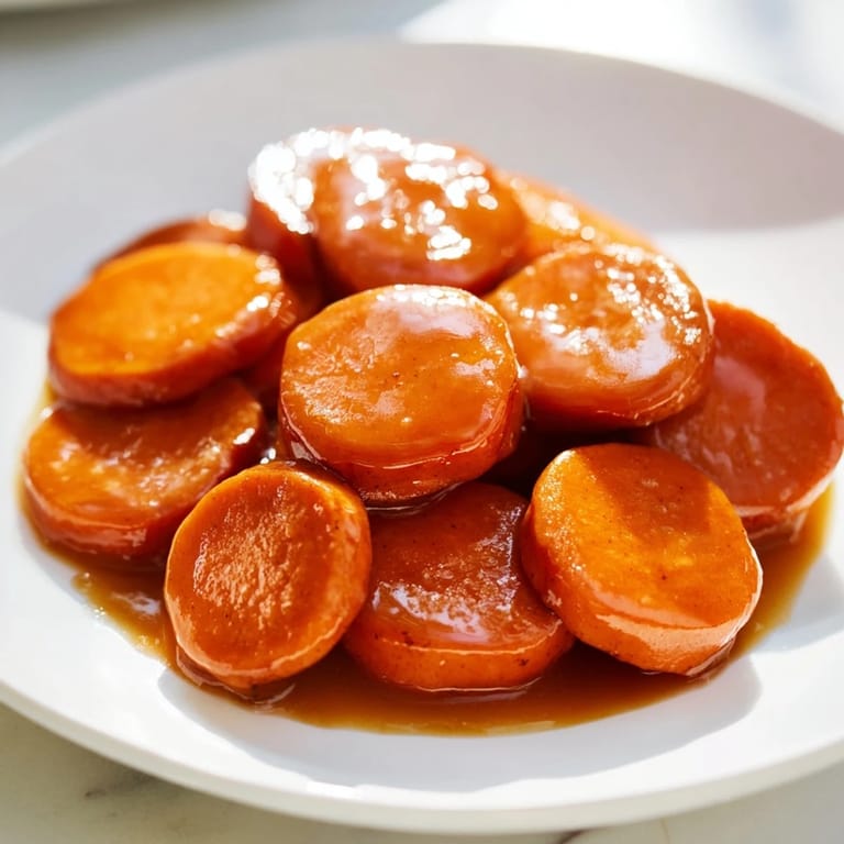 Close-up of glistening candied yams, showcasing soft sweet potatoes soaked in rich brown sugar syrup.