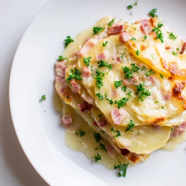 A close-up of a casserole dish showing a generous serving of scalloped potatoes and ham.