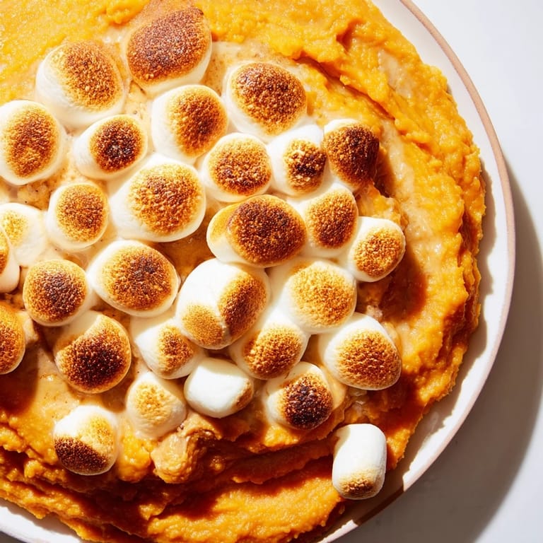 A bubbly baking dish of creamy Sweet Potato Casserole with a caramelized marshmallow topping.