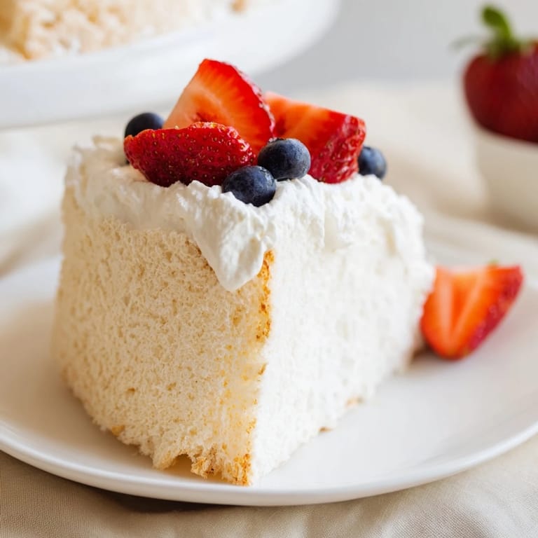 Fluffy angel food cake, a classic American dessert, pictured with a dusting of powdered sugar.