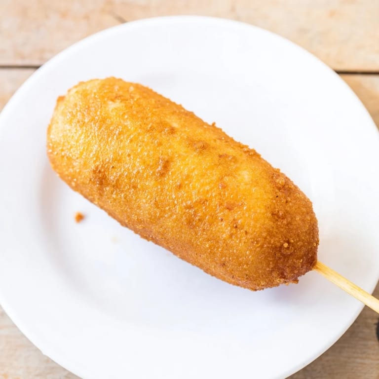 Enjoy these homemade corn dogs, with their slightly sweet batter, alongside ketchup and mustard.