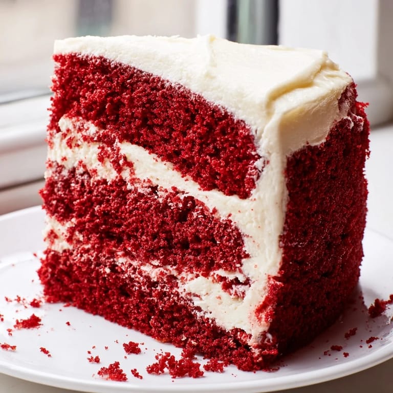This image shows a beautifully frosted Red Velvet Cake, ready to be served and enjoyed.
