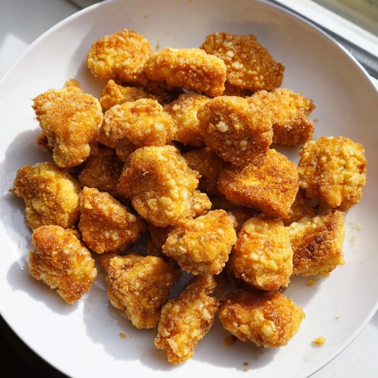 Close-up of freshly fried, extra-crunchy Popcorn Chicken, showcasing its juicy, tender interior.