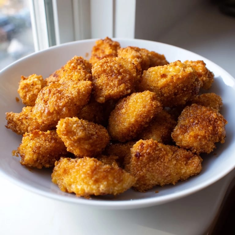 Homemade Popcorn Chicken, perfect for game day, piled high, with a dusting of seasoning.