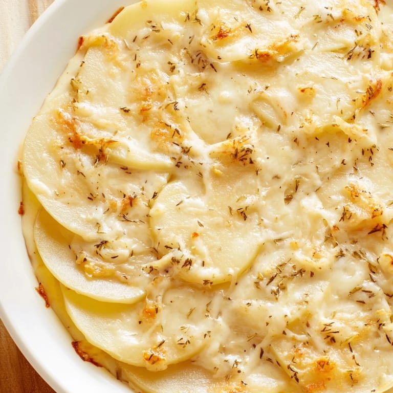 Served hot, these Au Gratin Potatoes feature beautifully browned cheese, creamy sauce, and soft potatoes.