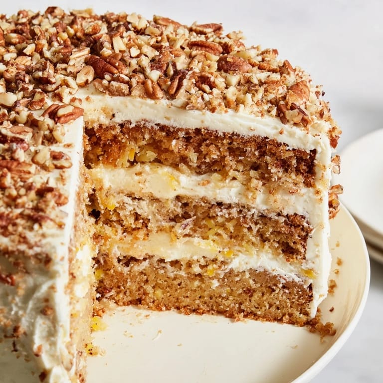 Close-up of a frosted Hummingbird Cake, showcasing the texture and garnish of toasted pecans beautifully.
