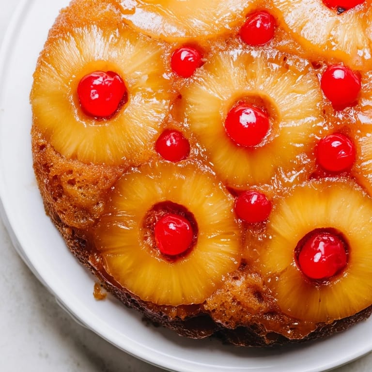 Close-up of freshly baked Pineapple Upside-Down Cake with a golden crust, ready to enjoy with vanilla ice cream.