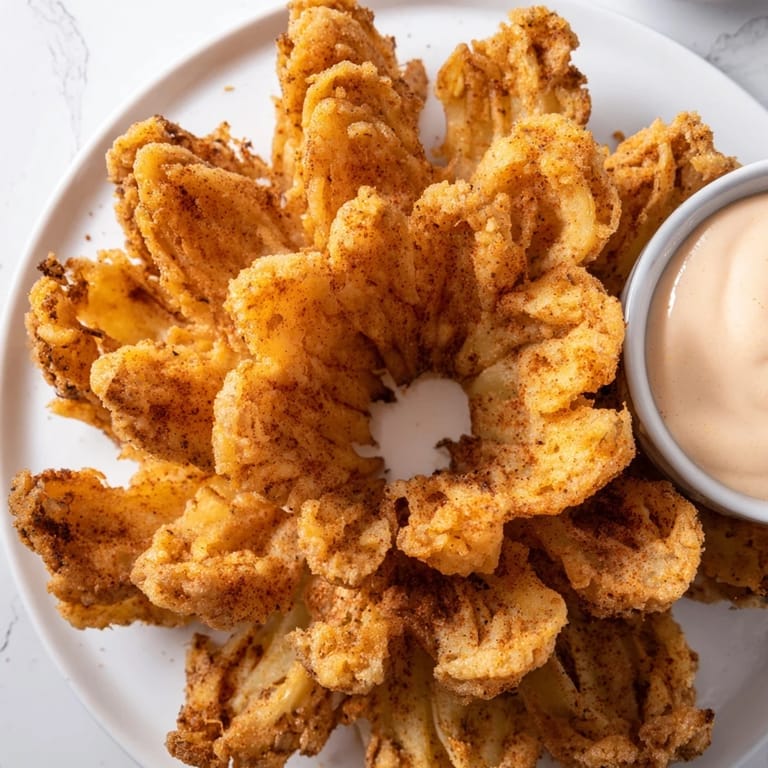 Picture a perfectly fried blooming onion, ready to break apart showcasing its tempting texture.