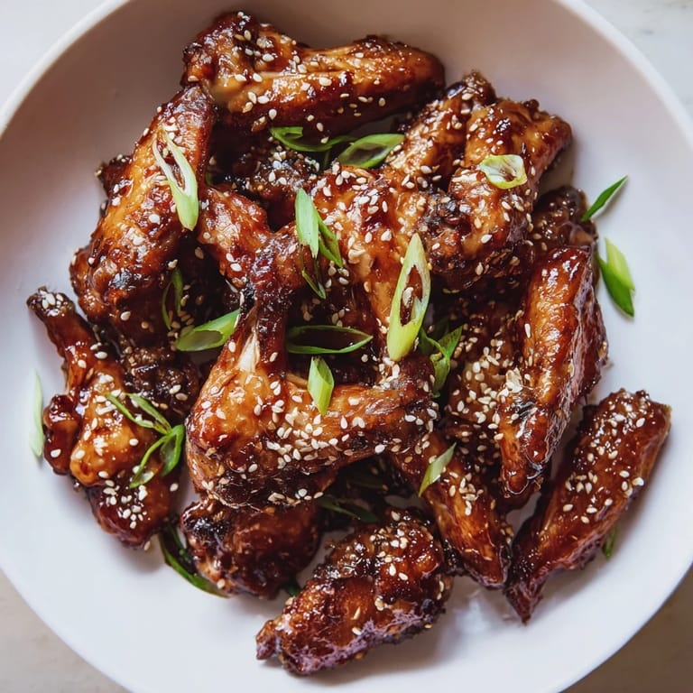 Close-up of baked Asian sticky wings with sesame seeds, showcasing the rich, savory glaze's texture.