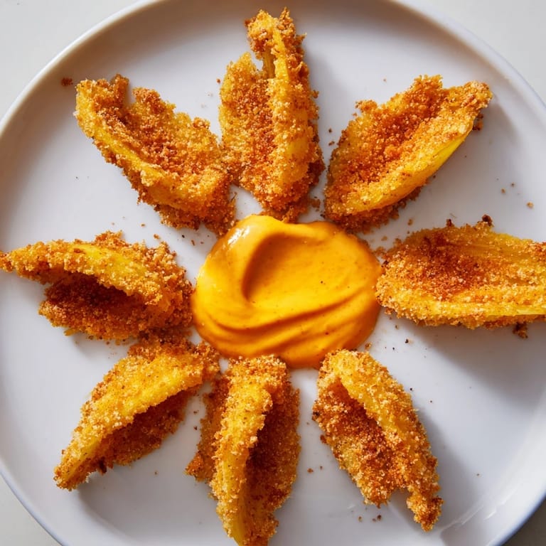 Close-up of freshly fried onion petals served with a creamy and flavorful spicy dipping sauce.