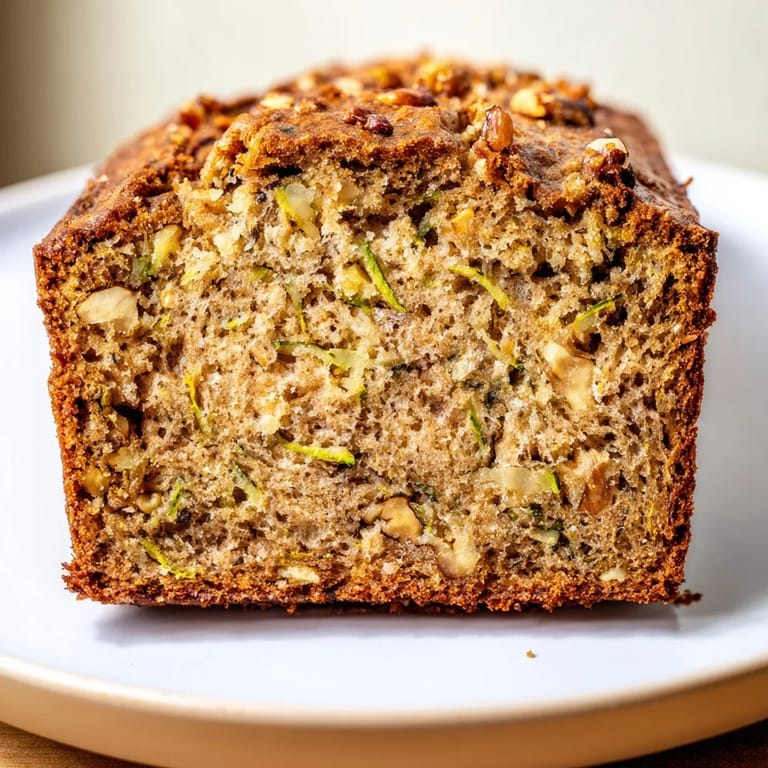 A slice of homemade Zucchini Bread, moist and flavorful with grated zucchini and cinnamon spice.