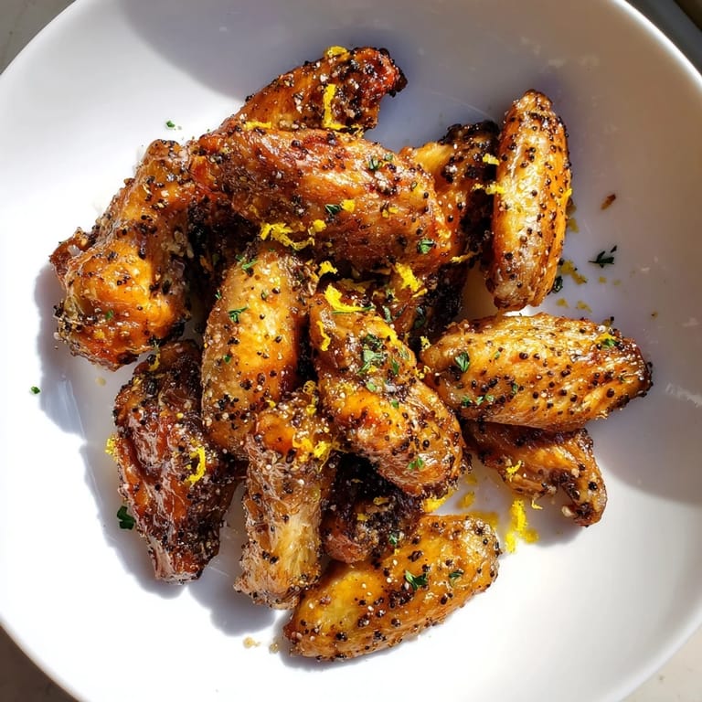 A close-up of delicious lemon pepper wings, seasoned to perfection and piled onto a platter.