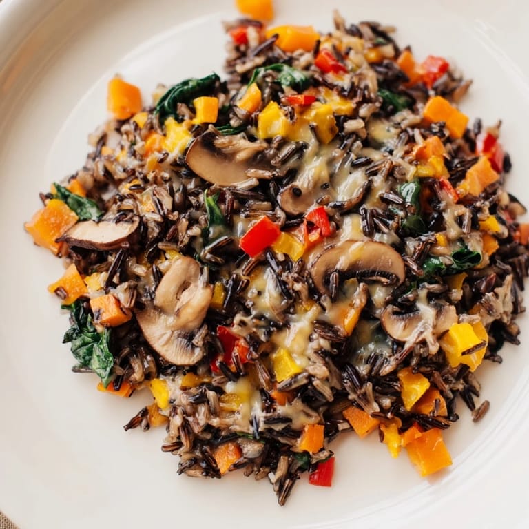 Golden-brown baked wild rice casserole topped with melted cheese, a savory and flavorful side.