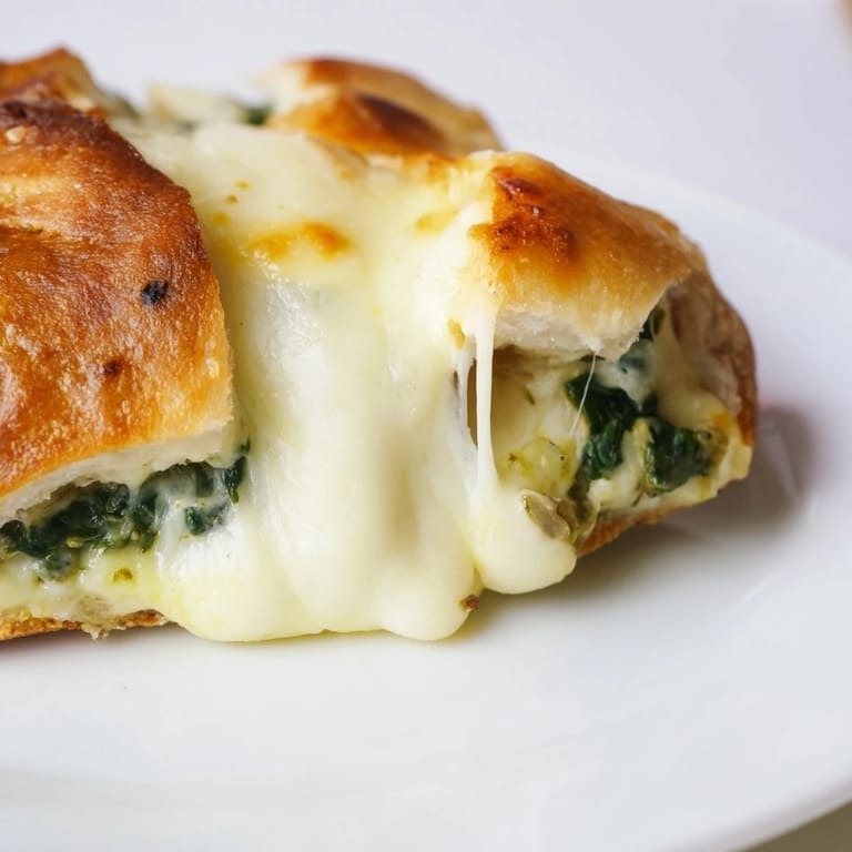 A close-up of Spinach Artichoke Grilled Cheese reveals a hearty spinach and artichoke mixture, perfectly melted between golden sourdough slices, ready to eat.  