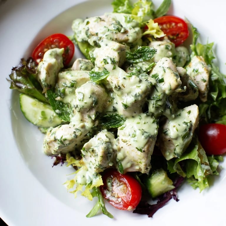 Colorful bowl of Green Goddess Chicken Salad featuring sliced cucumbers, fresh herbs, and tender chicken tossed in herby yogurt dressing.