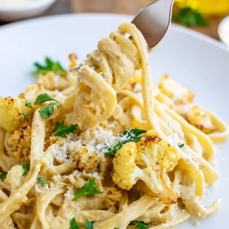 Golden roasted cauliflower florets and garlic blend smoothly into a rich, vegetarian Alfredo sauce for pasta.  