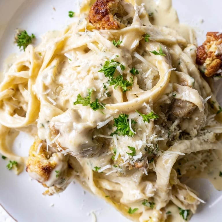 A white bowl holds fettuccine tossed in homemade Roasted Cauliflower Alfredo, topped with chopped parsley and grated cheese.