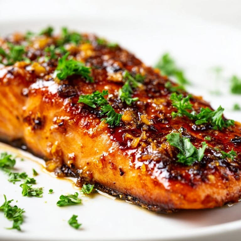 Succulent Honey Garlic Glazed Salmon plated with steamed rice and green beans, showcasing a savory weeknight dinner for four.