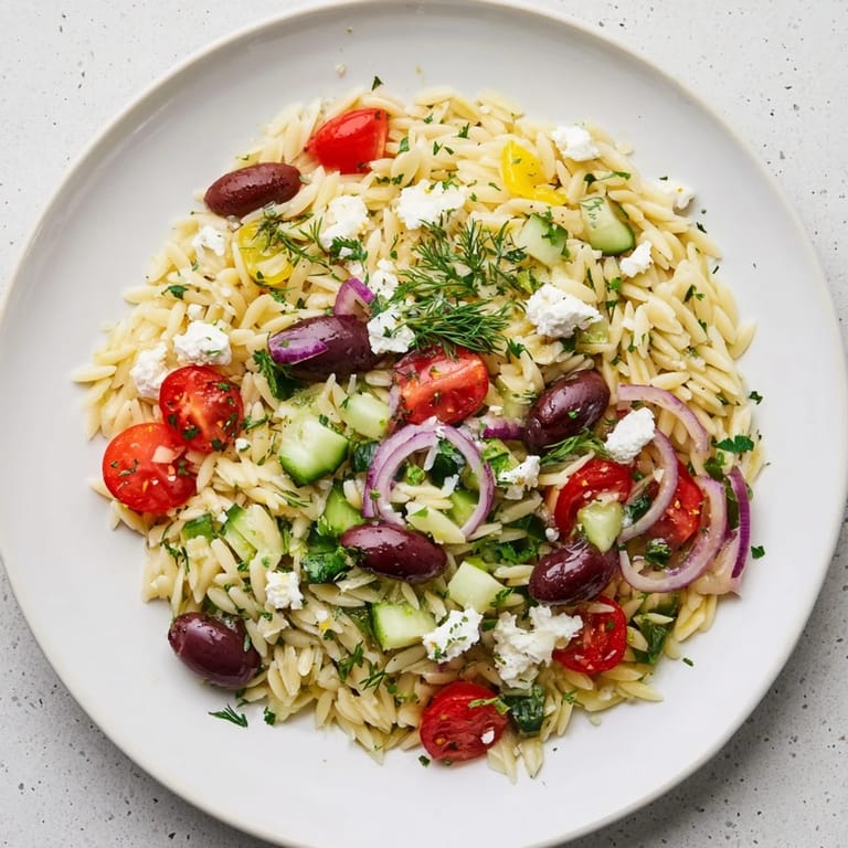 Overhead view of Greek Orzo Salad featuring chilled orzo pasta, juicy tomatoes, crisp cucumber, and feta cheese garnished with dill.