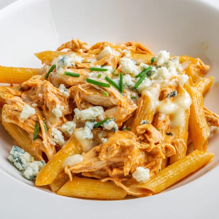 Spicy Buffalo Chicken Pasta featuring penne noodles coated in velvety sauce, garnished with herbs for a vibrant finish.