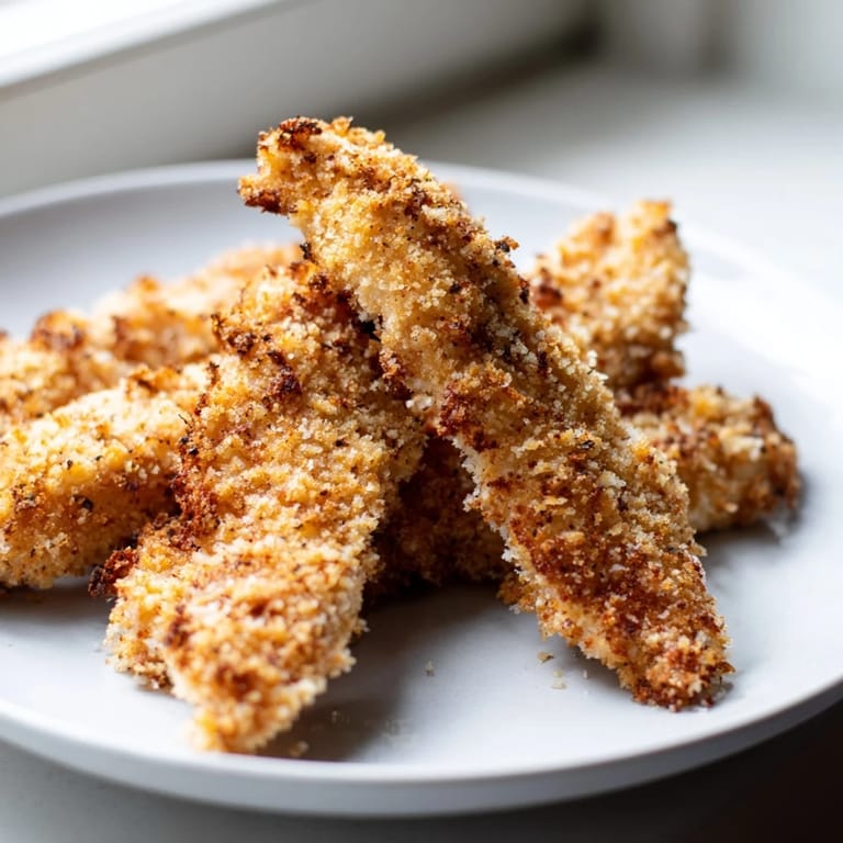 Freshly baked Crispy Panko Chicken Strips arranged on a cooling rack, revealing a golden brown crunch.  