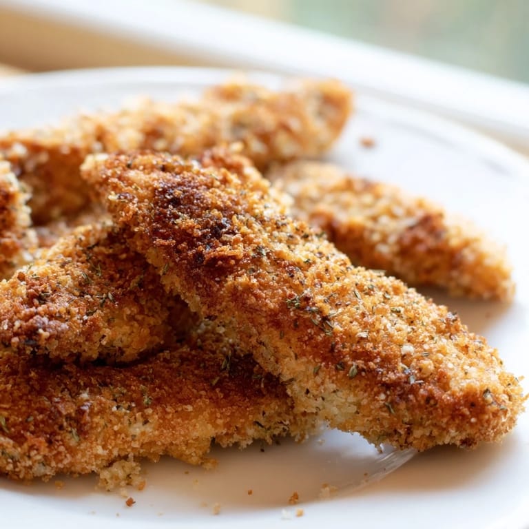 Plated Crispy Panko Chicken Strips paired with creamy ranch dip, perfect for a family weeknight dinner.