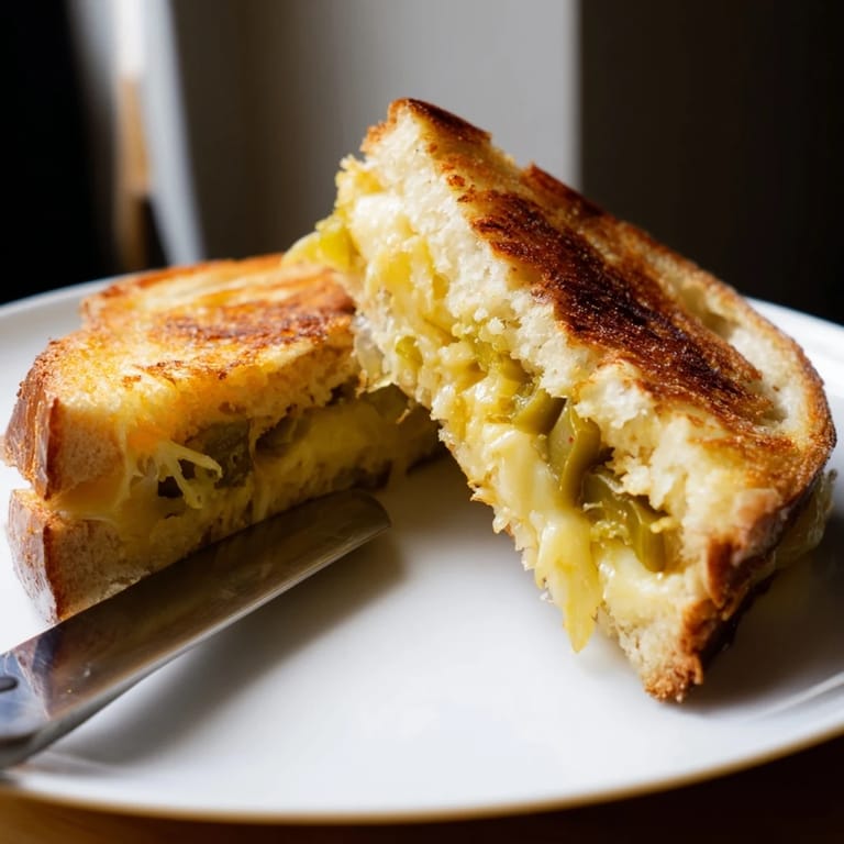 Serving two golden-brown Cheddar Jalapeño Grilled Cheese sandwiches cut diagonally, steam rising from the melted cheese and spicy fillings.