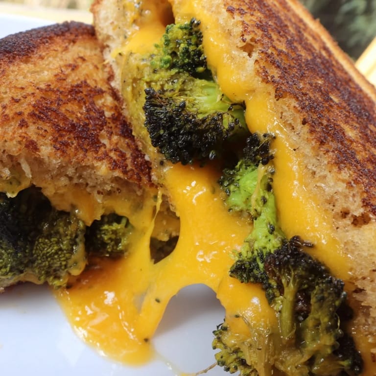A close-up of a skillet cooking Roasted Broccoli & Cheddar Grilled Cheese, with sharp cheddar melting over tender green broccoli florets inside the crispy bread.  