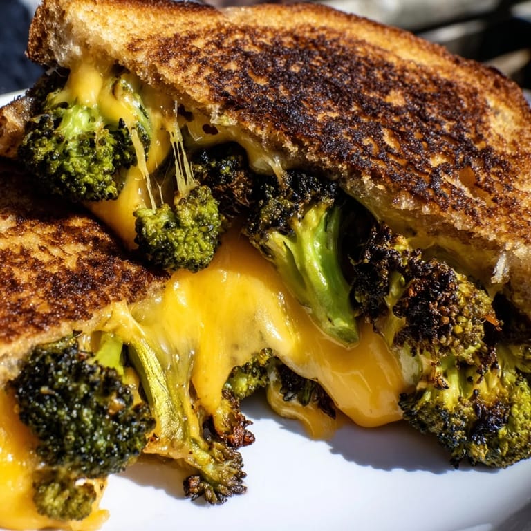 Served on a white ceramic plate next to a red napkin, the vegetarian Roasted Broccoli & Cheddar Grilled Cheese highlights the contrast between the dark green vegetables and gooey cheese.