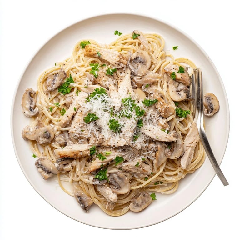 Savor Creamy Mushroom Chicken Spaghettini, a comforting Italian-inspired main dish served steaming hot with a side salad and extra grated Parmesan on top.