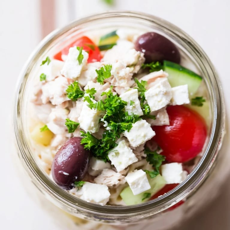 Bright Mediterranean-inspired Greek Pasta Chicken Salad Jars featuring olives, cucumbers, and fresh parsley in clear glass mason jars.