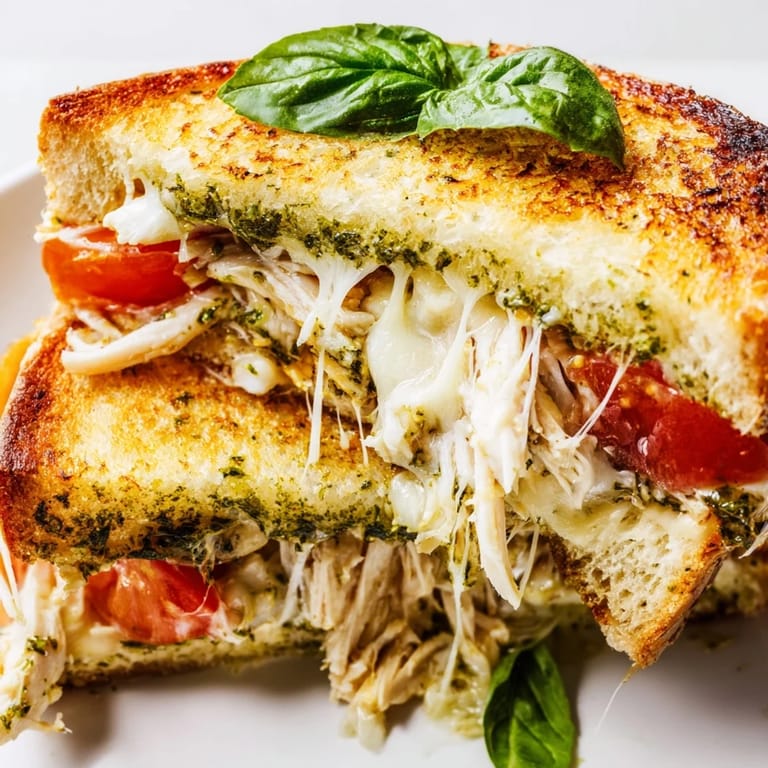 Two halves of a warm Mozzarella Pesto Chicken Grilled Cheese, revealing gooey melted mozzarella and pesto inside.  