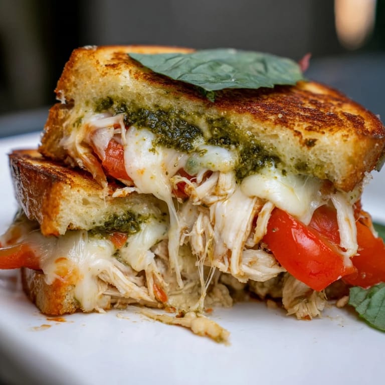 A close-up of a buttery Mozzarella Pesto Chicken Grilled Cheese, stacked with shredded chicken and ripe tomato slices.