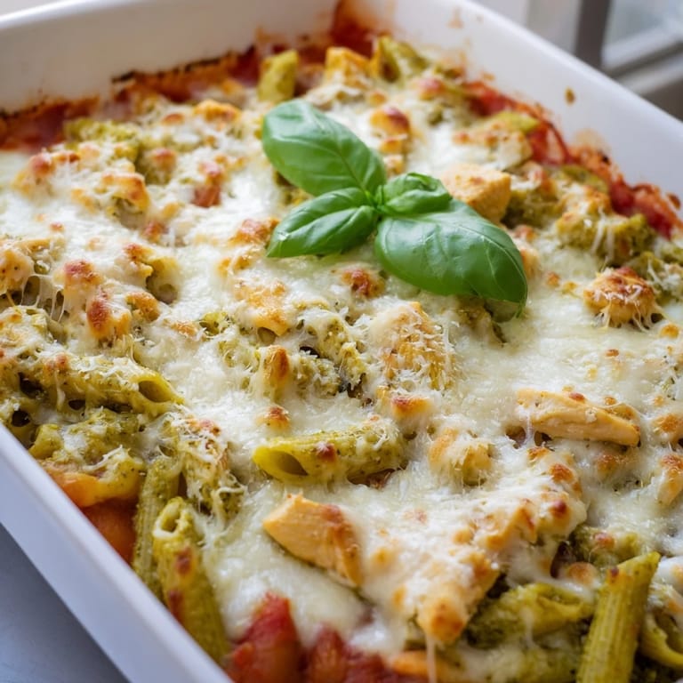 Served from a rustic baking dish, this golden Pesto Chicken Pasta Bake features gooey cheese and fresh basil garnish, perfect for a comforting family dinner.  