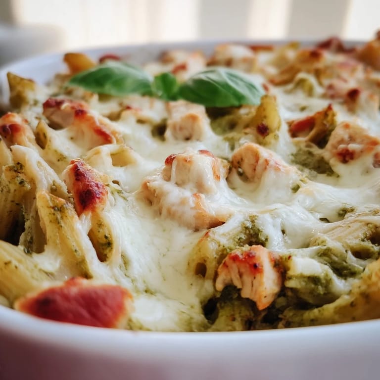 Bubbling from the oven, the Pesto Chicken Pasta Bake reveals baked penne with chicken, vibrant pesto, and melted mozzarella, ideal for an Italian-American meal.