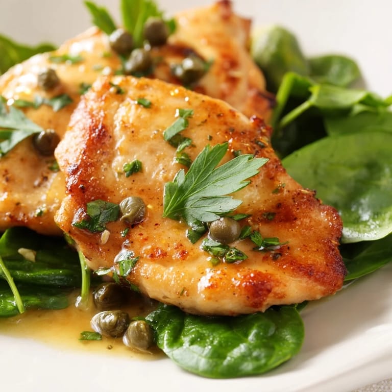 Spinach Lemon Butter Chicken rests on a bed of bright green spinach, with lemon slices and a glossy butter sauce drizzled on top.